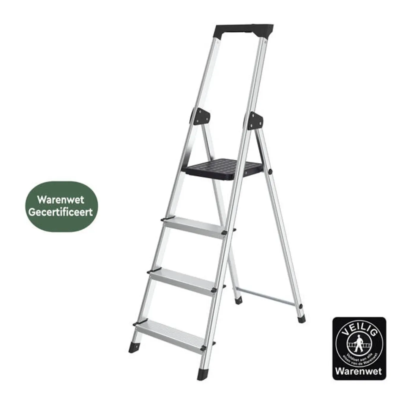 Brasq Huishoudtrap 4 Treden – Keukentrap Inklapbaar Aluminium – Antislip - Ladder - Trap Zilver
