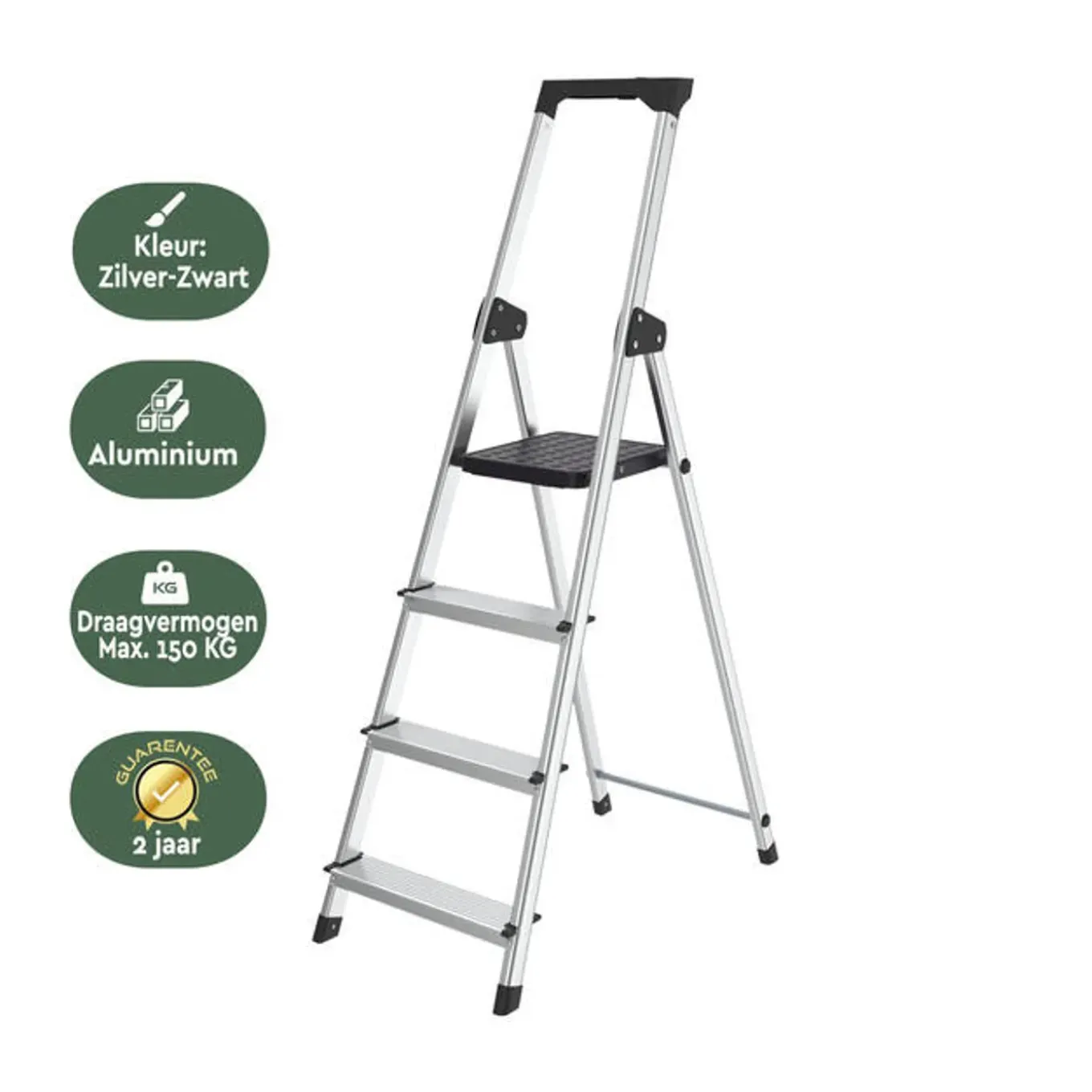 Brasq Huishoudtrap 4 Treden – Keukentrap Inklapbaar Aluminium – Antislip - Ladder - Trap Zilver