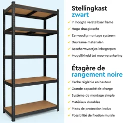 BRASQ Opbergrek Zwart 180x90x40cm - 5 Planken - 175kg Per Plank - Stellingkast - Max. 875