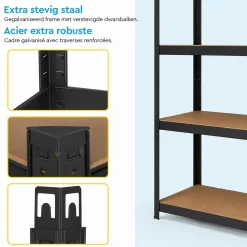BRASQ Opbergrek Zwart 180x90x40cm - 5 Planken - 175kg Per Plank - Stellingkast - Max. 875