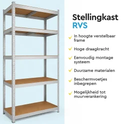 Brasq Stellingkast Rvs Set Van 2 – Opbergrek - 180x90x40cm - 5 Planken - 175kg Per Plank - Wandkast