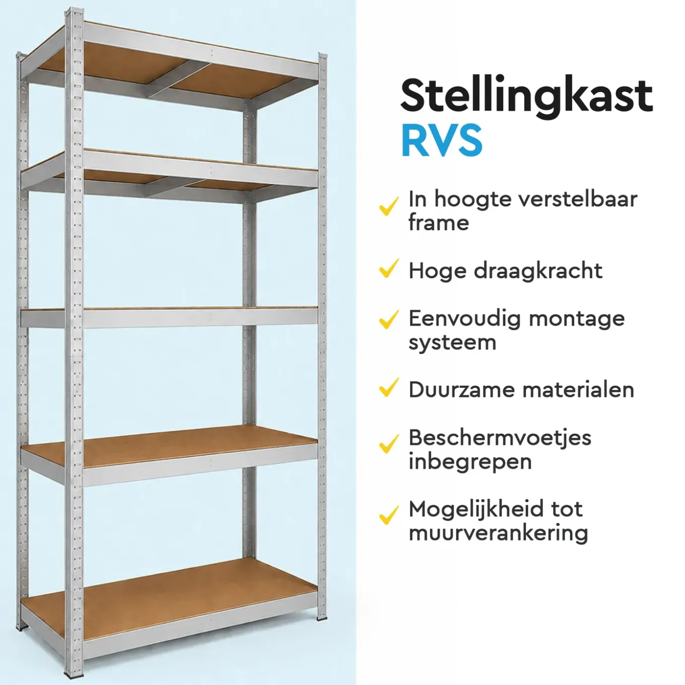 Brasq Stellingkast Rvs Set Van 2 – Opbergrek - 180x90x40cm - 5 Planken - 175kg Per Plank - Wandkast