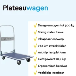 BRASQ Trolley Inklapbaar - Plateauwagen 150kg Draagvermogen - Transportkar Staal - Transportwagen