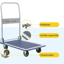 Brasq Trolley Inklapbaar - Plateauwagen 300kg Draagvermogen - Transportkar Staal - Transportwagen