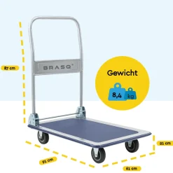 Brasq Trolley Inklapbaar - Plateauwagen 300kg Draagvermogen - Transportkar Staal - Transportwagen