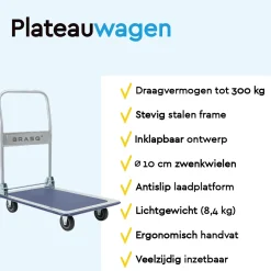 Brasq Trolley Inklapbaar - Plateauwagen 300kg Draagvermogen - Transportkar Staal - Transportwagen