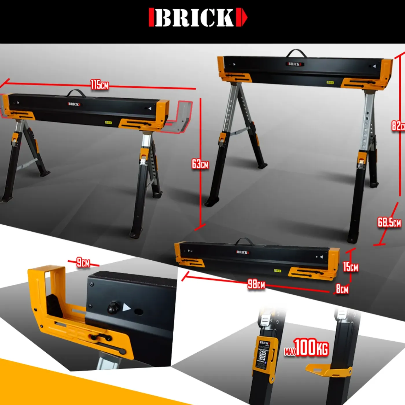 BRICK - Opvouwbare En Telescopische Metalen Werkbank - Max. Belasting 590 Kg