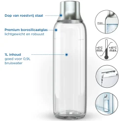 BRITA Fles Sodatrio Glas (1l) 2-pack - Met Premium Roestvrijstalen Dop