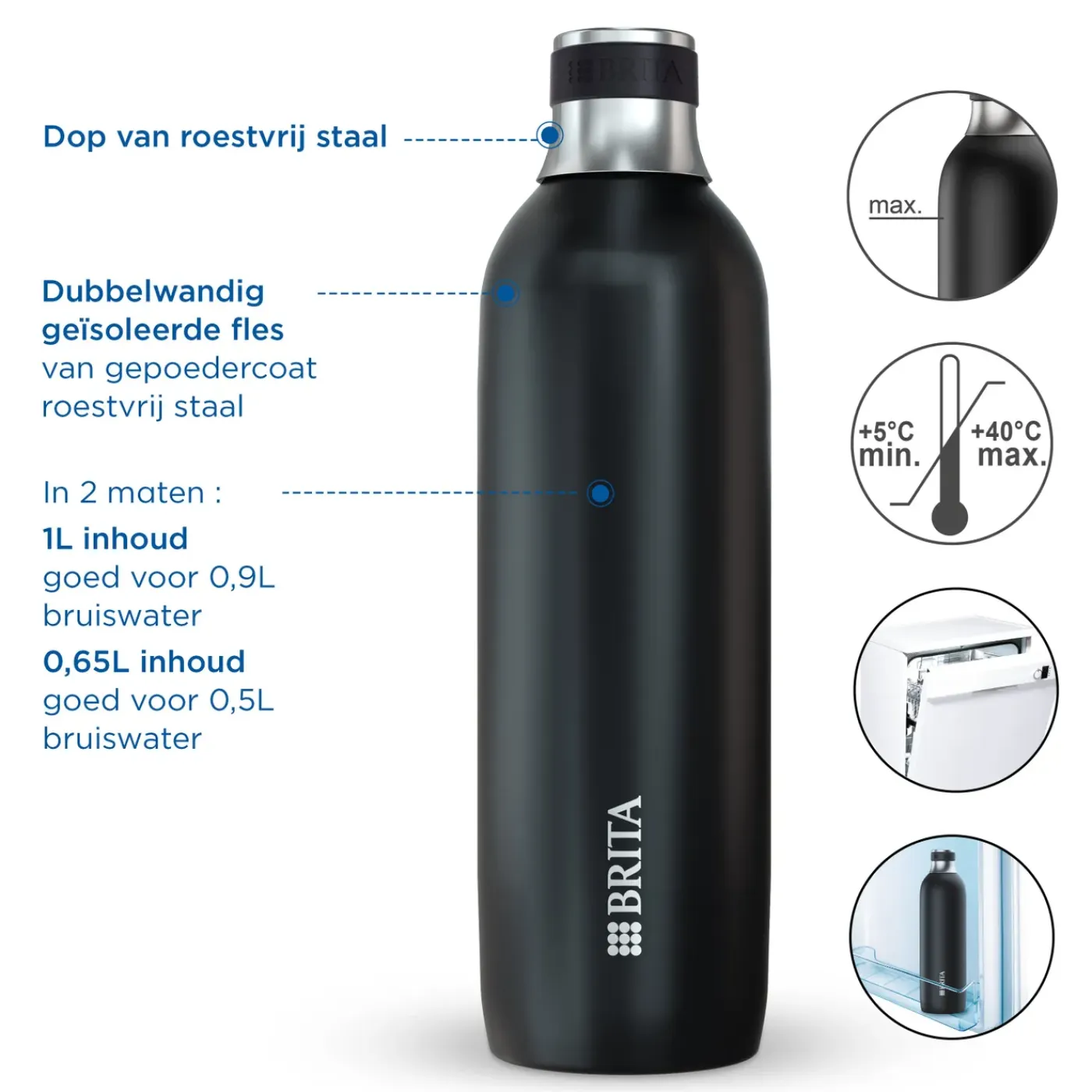 BRITA Roestvrijstalen Fles Zwart Sodatrio Groot (0.9l)