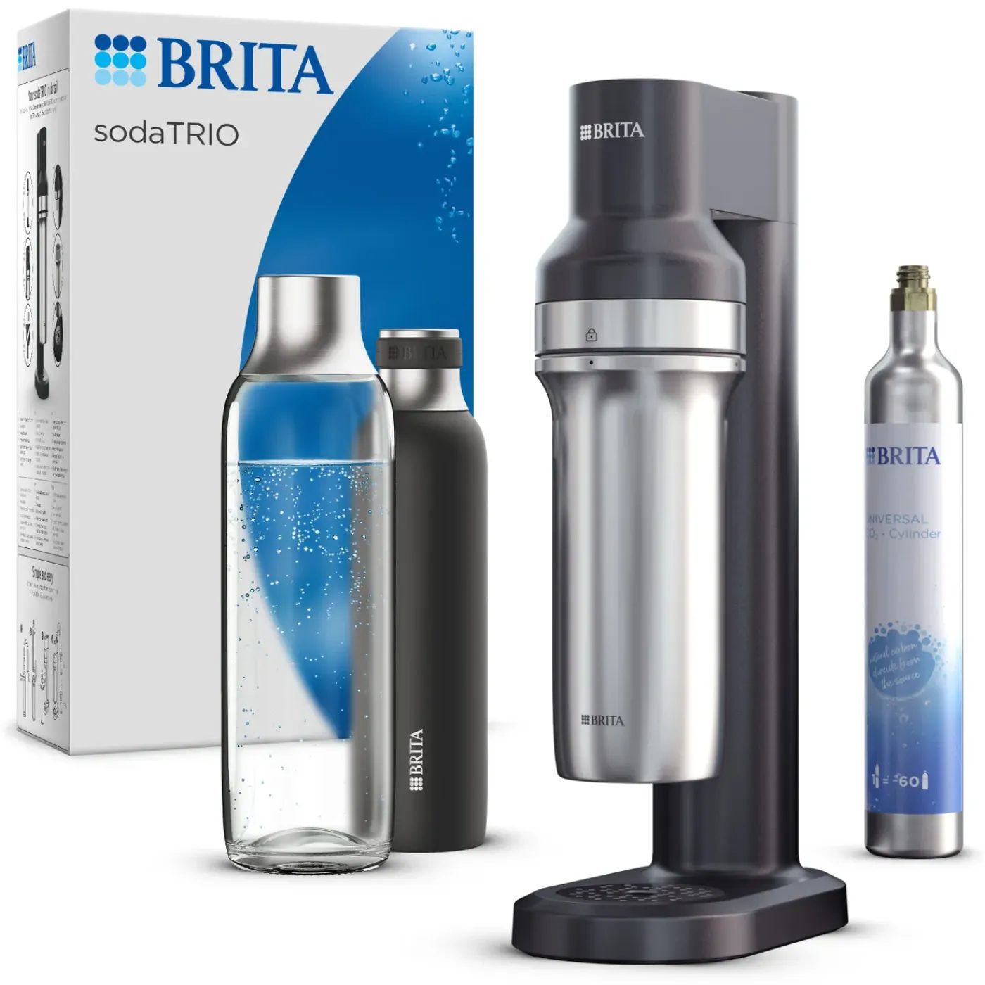 BRITA Sodatrio Zwart Incl. Glazen Fles (0.9l), Rvs Fles (0,5l) En Co2-cilinder