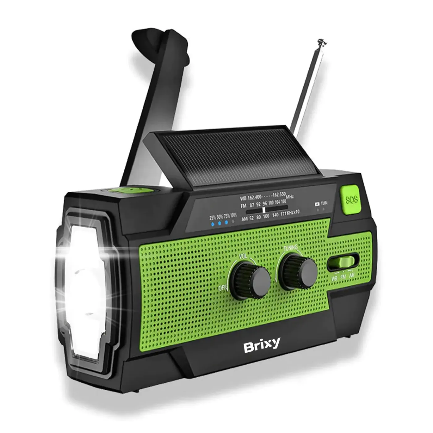 Brixy Noodradio - Opwindbaar & Solar - Zaklamp & Powerbank - 4000 mAh - Groen