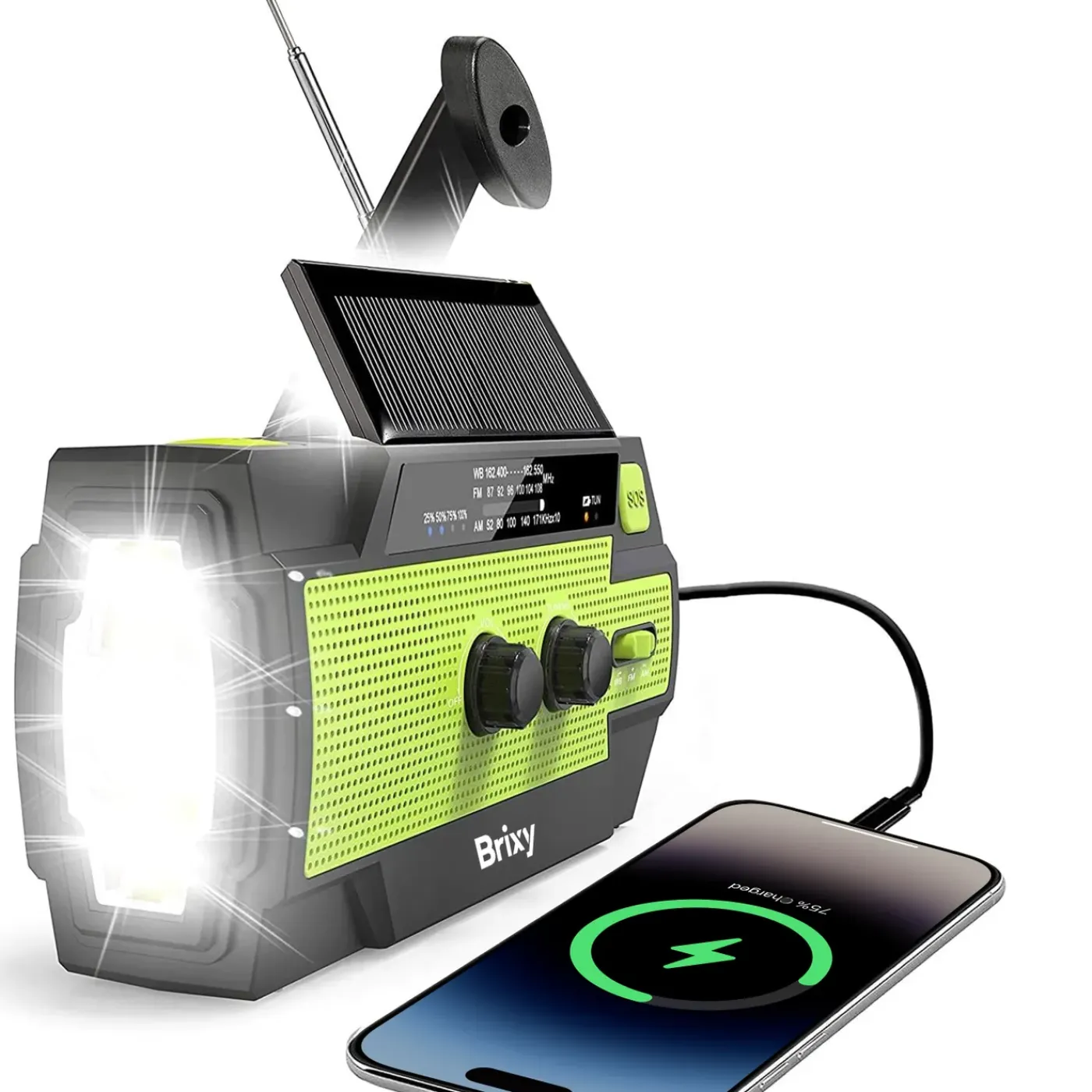 Brixy Noodradio - Opwindbaar & Solar - Zaklamp & Powerbank - 4000 mAh - Groen