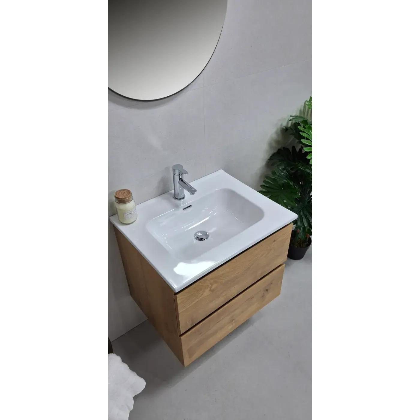 By Goof - Badkamermeubel Tieme – Mat Eiken – 60cm – Met Wastafel En Afvoerplug