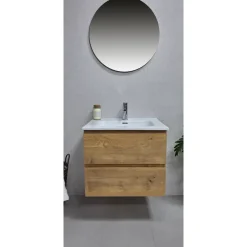By Goof - Badkamermeubel Tieme – Mat Eiken – 60cm – Met Wastafel En Afvoerplug