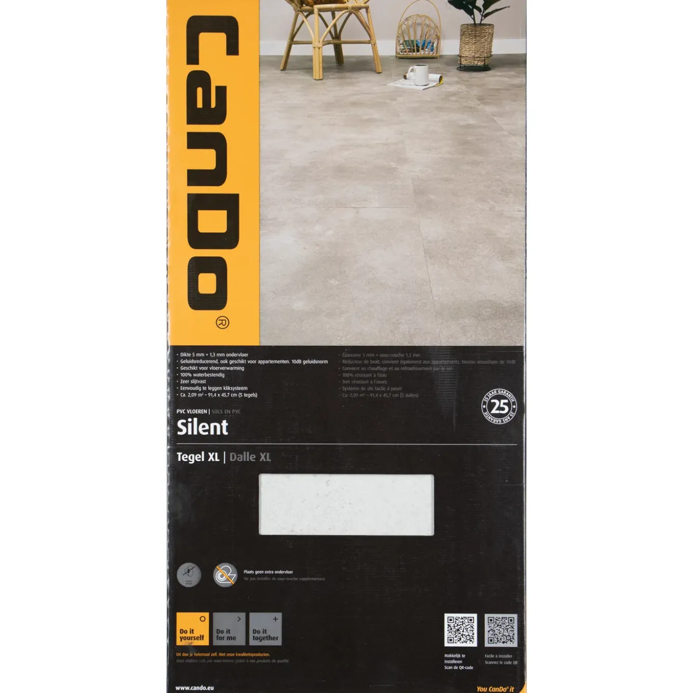CanDo PVC Vloertegel Silent Tegel XL Rustiek Steen - Midden Grijs - 4-zijdige Micro V-groef - 6,3mm - 2,088m²