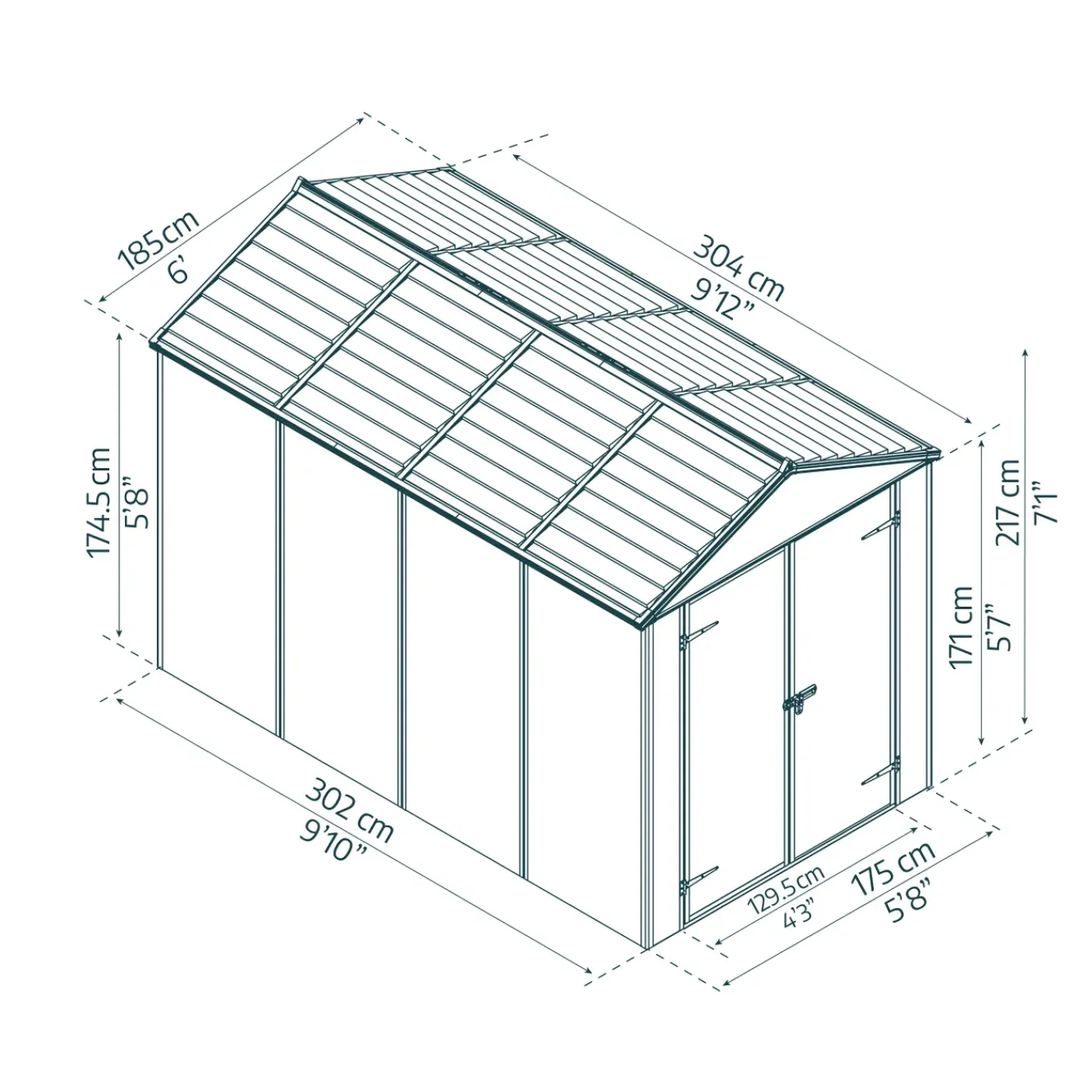 Canopia Metalen Tuinhuis Rubicon - Donkergrijs - 185x304cm - Dubbele Deur - met Vloer