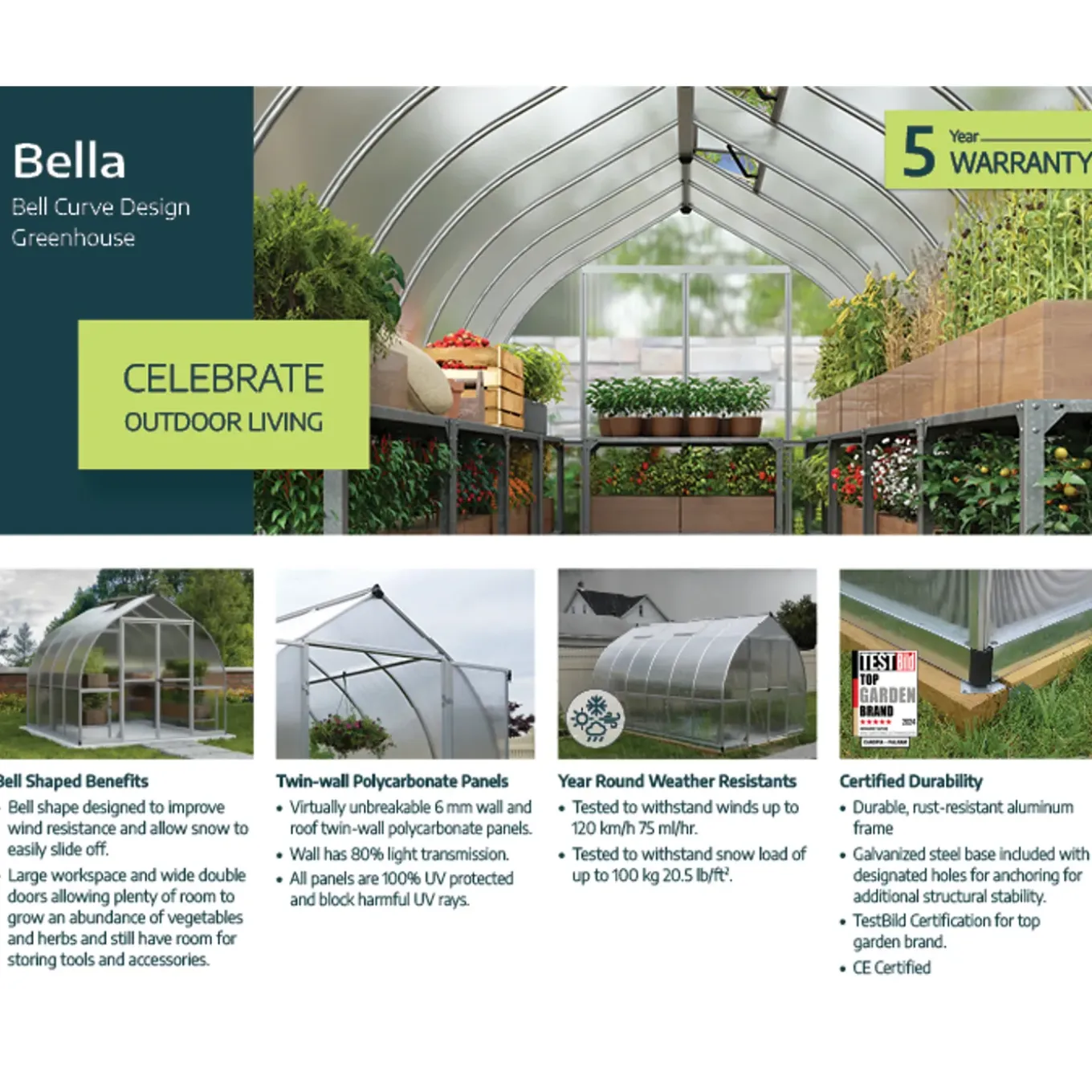 Canopia Tuinkas Bella 8x32 - Polycarbonaat 6mm - Zilver - 244x964x218cm