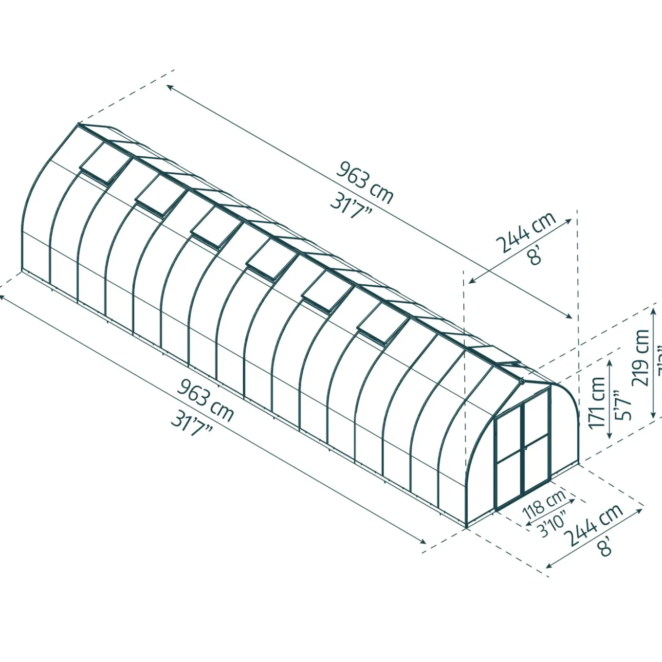 Canopia Tuinkas Bella 8x32 - Polycarbonaat 6mm - Zilver - 244x964x218cm
