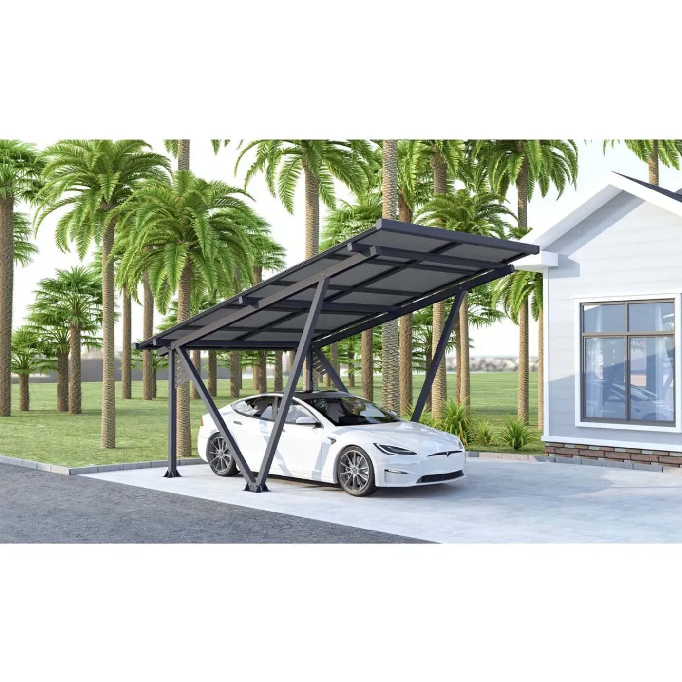 Habitat et Jardin Carport Met Zonnepanelen Zonwering Overkapping - 366 X 575 X 366 Cm - Grijs - 4,1 Kw