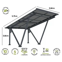 Habitat et Jardin Carport Met Zonnepanelen Zonwering Overkapping - 366 X 575 X 366 Cm - Grijs - 4,1 Kw