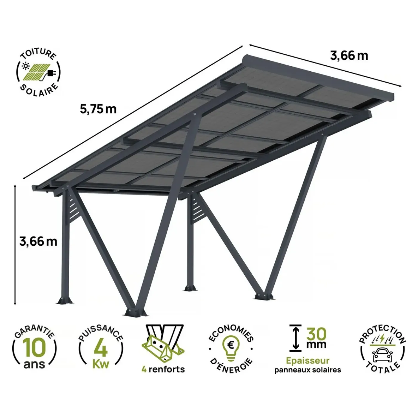 Habitat et Jardin Carport Met Zonnepanelen Zonwering Overkapping - 366 X 575 X 366 Cm - Grijs - 4,1 Kw