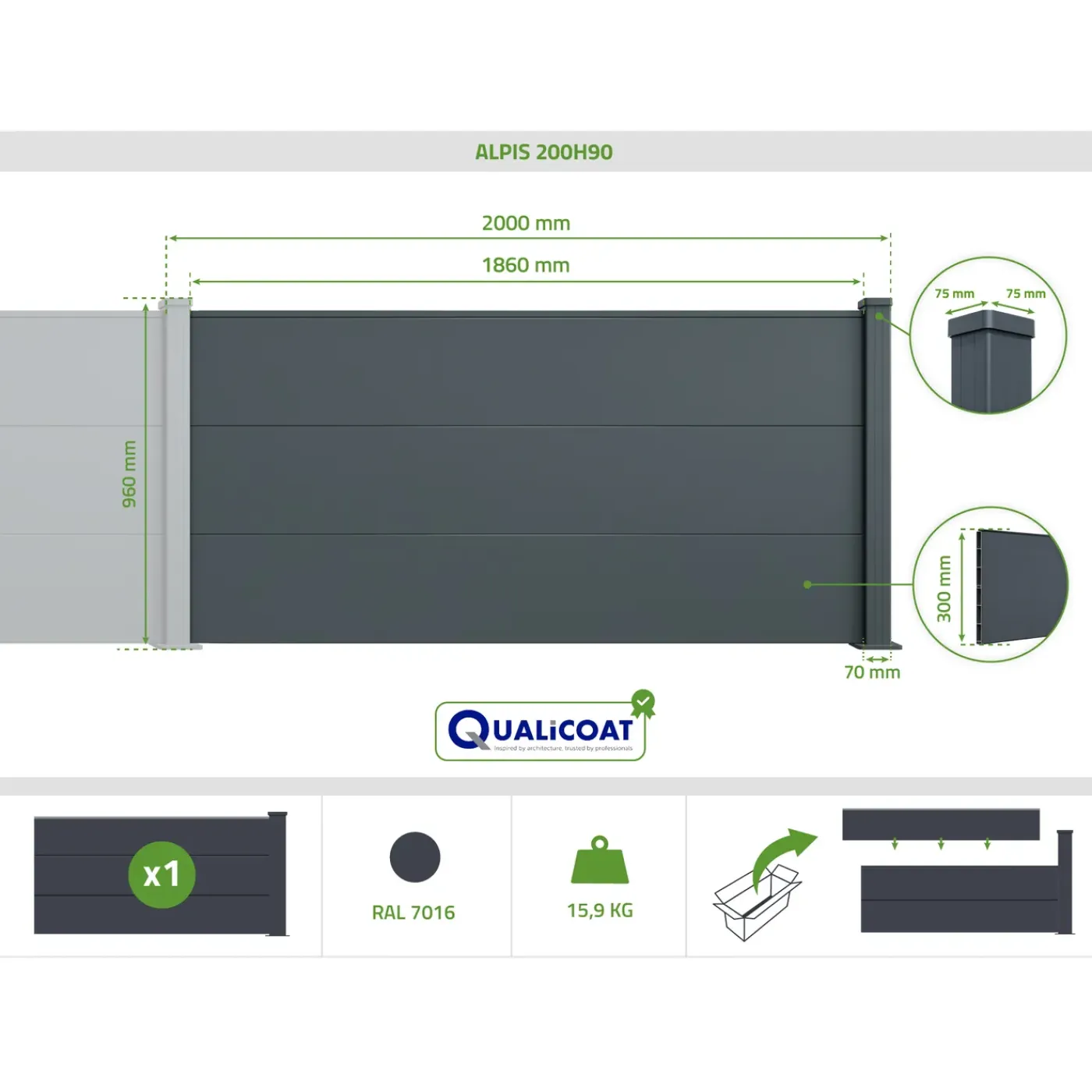 Casanoov Uitbreidingsset Alpis-omheining, Antracietgrijs, 2m H.90cm, Aluminium – Brede Lamellen