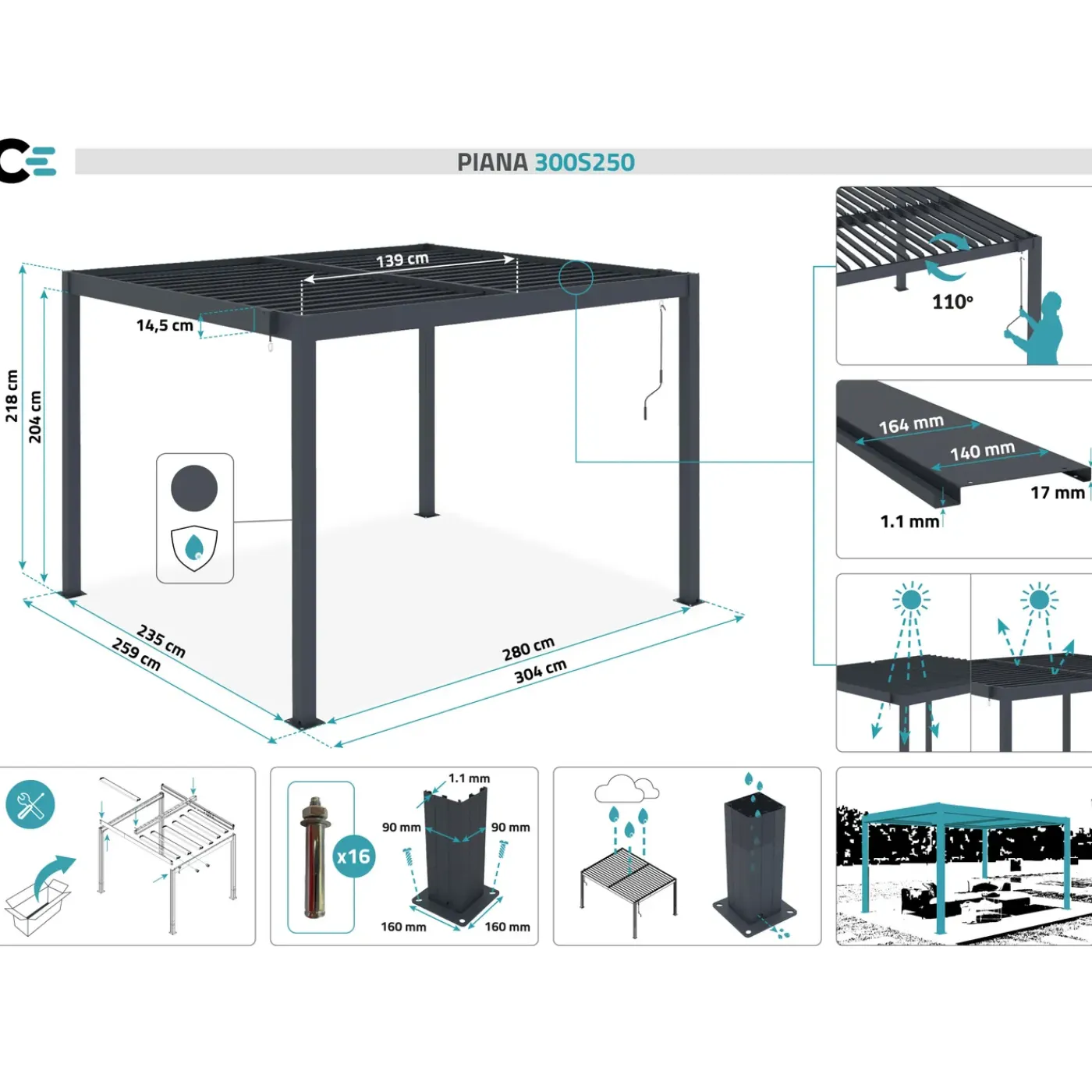 cazeboo Bioklimatische Pergola Piana Grijze 3x2,5m Aluminium - Verstelbare Latten