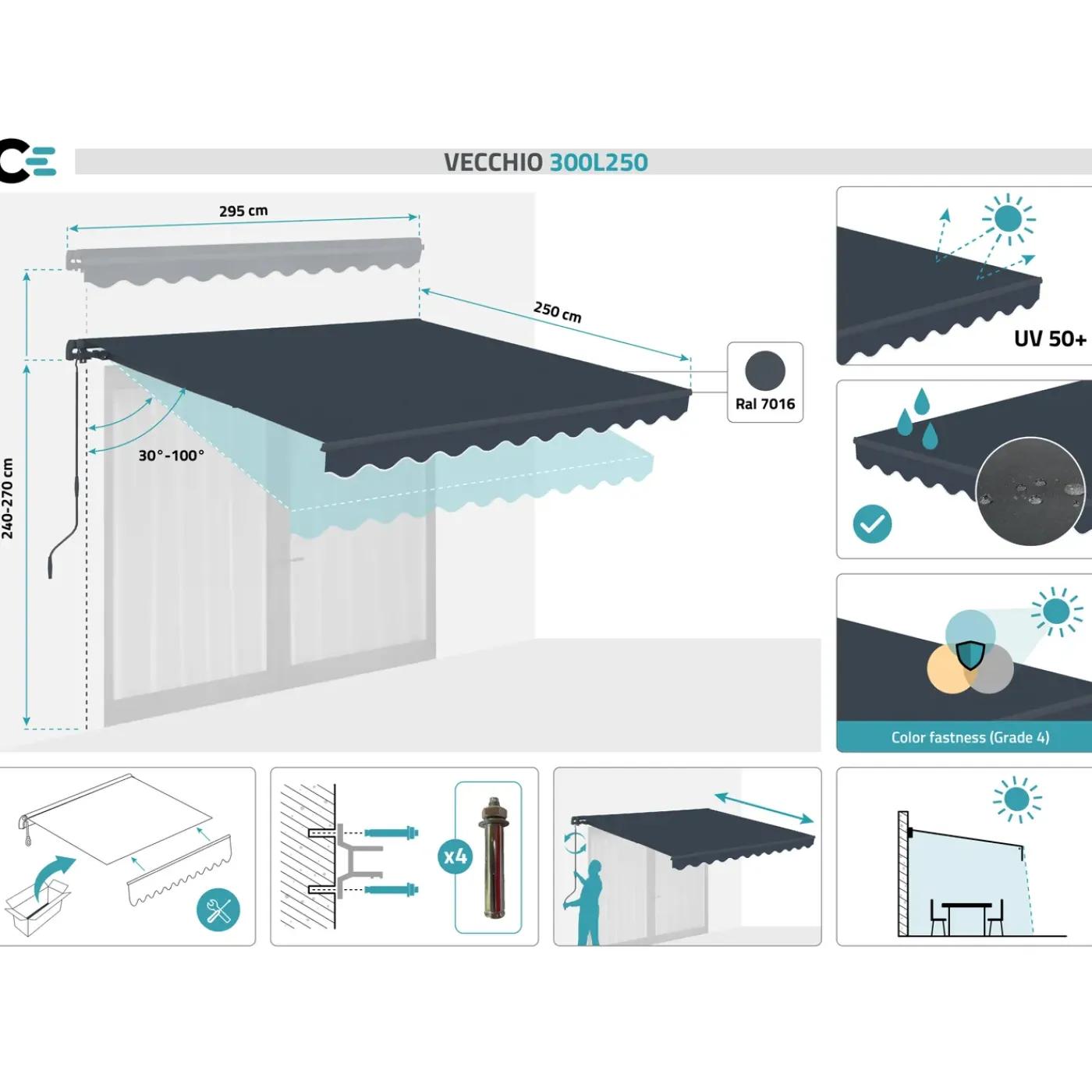 cazeboo Monoblock Luifel Vecchio 3x2,5m - 320g/m² Premium Canvas Grijs