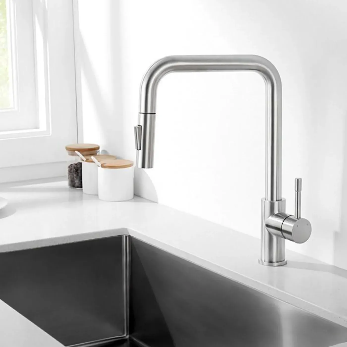 CECIPA MAX - Keukenspoelbak - Opbouwmodel, Geborsteld Inox, Uittrekbare Mengkraan