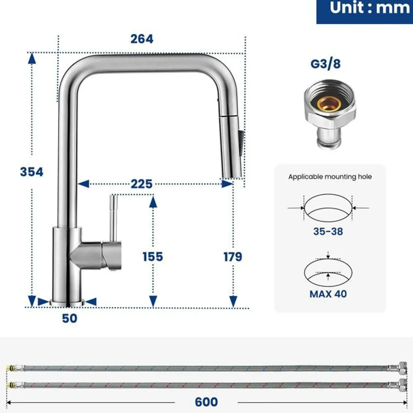 CECIPA MAX - Keukenspoelbak - Opbouwmodel, Geborsteld Inox, Uittrekbare Mengkraan