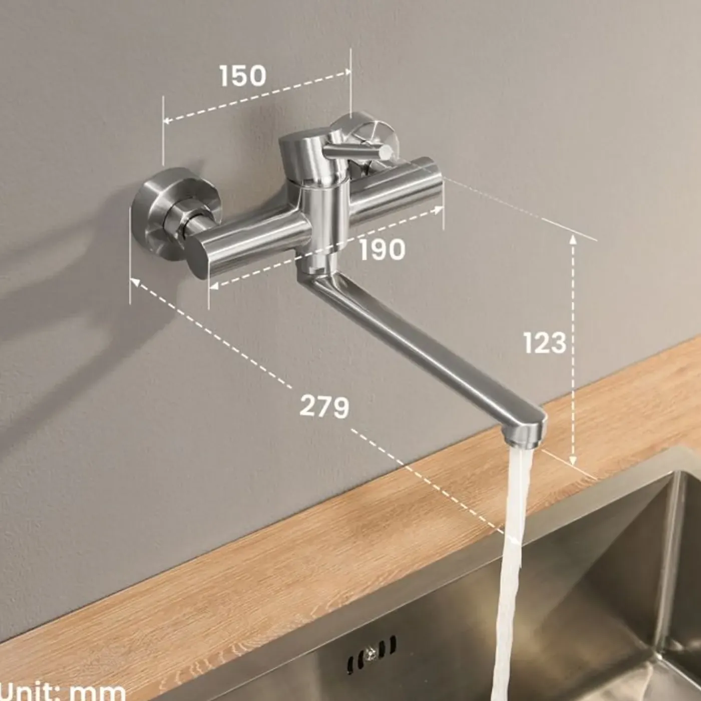 CECIPA MAX - Wandmengkraan Van Geborsteld Roestvrij Staal - 360° Draaibare Uitloop - 40 Cm