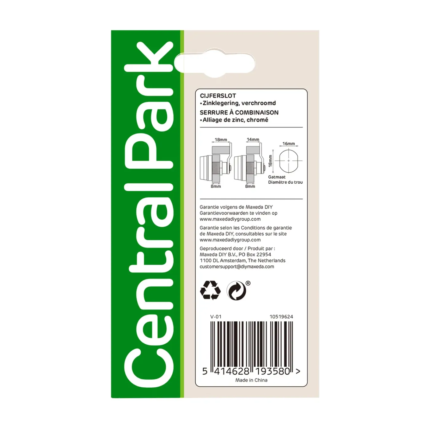 Central Park Cijferslot voor Brievenbus 16mm - Zink - Zwart - 3,7x5,8x4,6cm