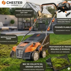 Chester - Elektrische 2-in-1 verticuteermachine-mosverwijderaar voor gazon - 1800W - 40cm