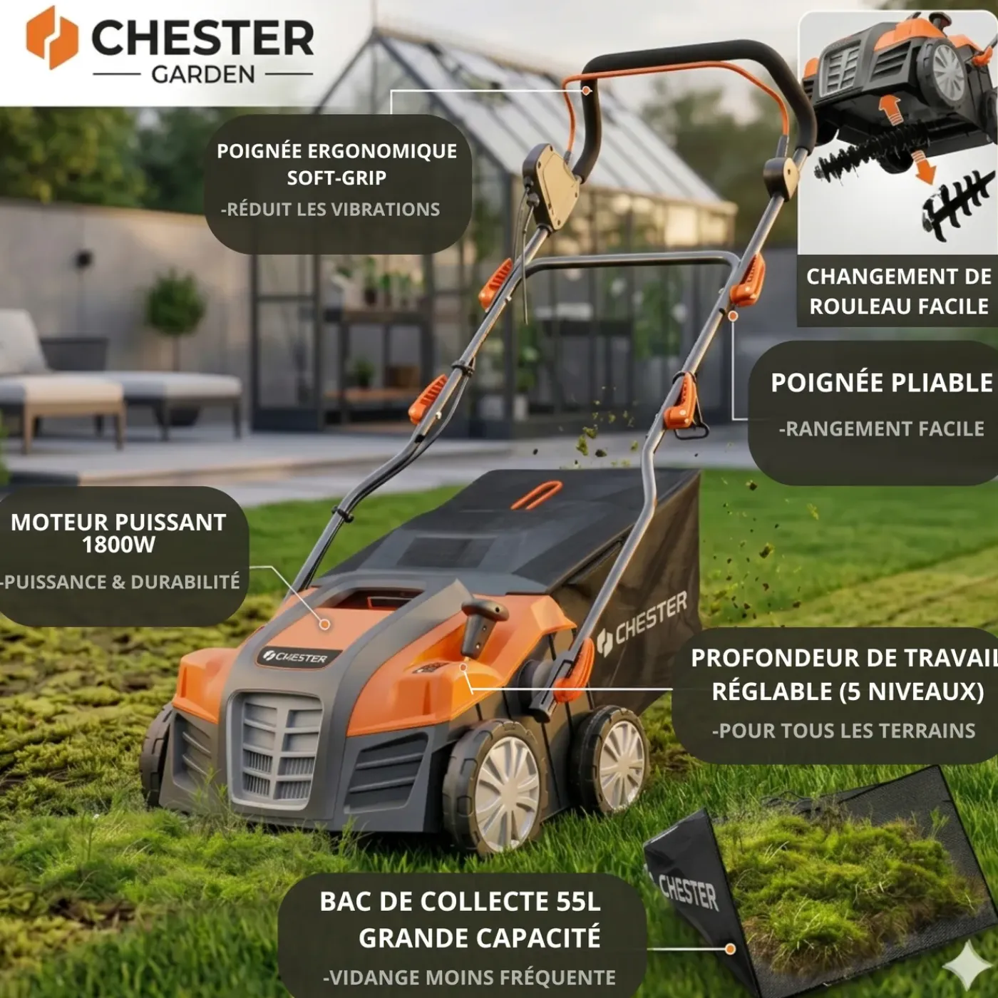 Chester - Elektrische 2-in-1 verticuteermachine-mosverwijderaar voor gazon - 1800W - 40cm