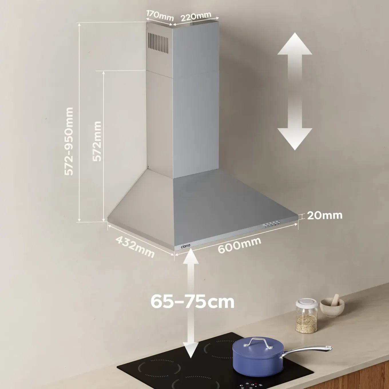 CIARRA Afzuigkap Wandafzuigkap 60 cm - A++ 404m³/h - Recirculatie & Afvoer CBCS6201