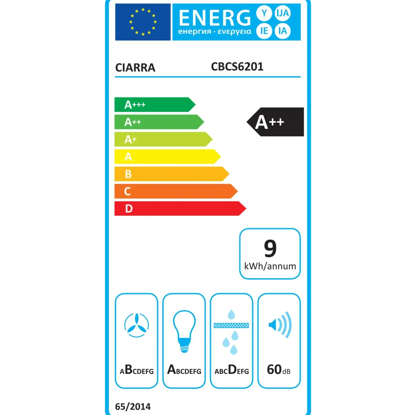 CIARRA Afzuigkap Wandafzuigkap 60 cm - A++ 404m³/h - Recirculatie & Afvoer CBCS6201