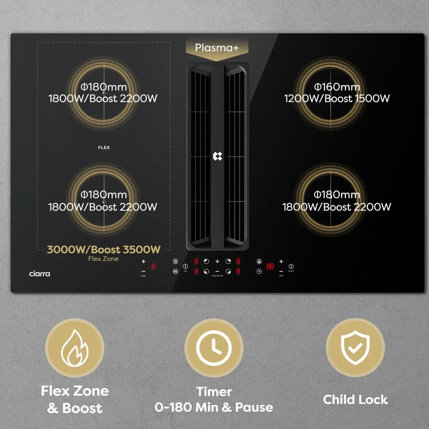 CIARRA Inductiekookplaat met Afzuigkap - 83cm 4 zones - Plasma⁺ Flex-Zone - Boost CBBEH834BBF