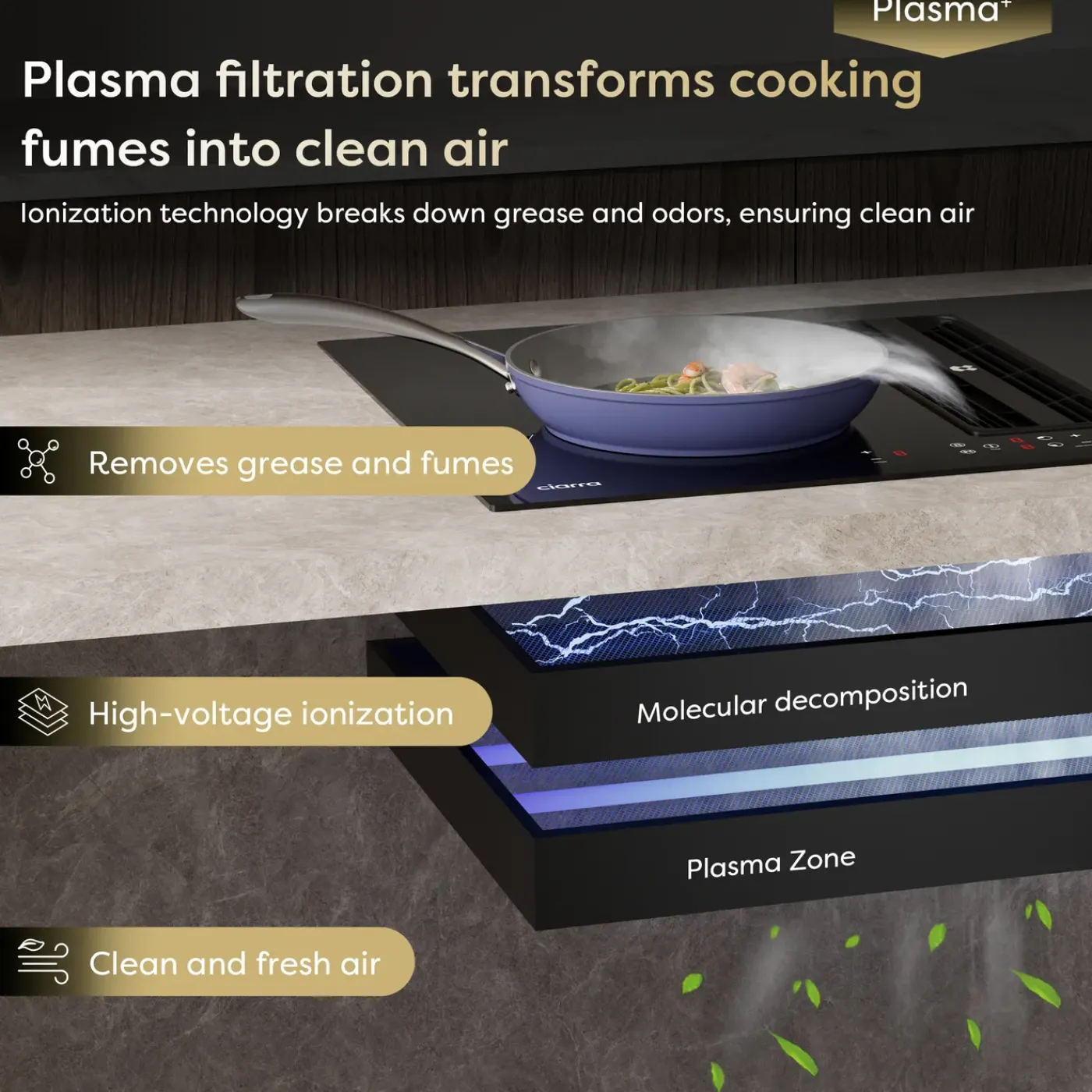 CIARRA Inductiekookplaat met Afzuigkap - 83cm 4 zones - Plasma⁺ Flex-Zone - Boost CBBEH834BBF