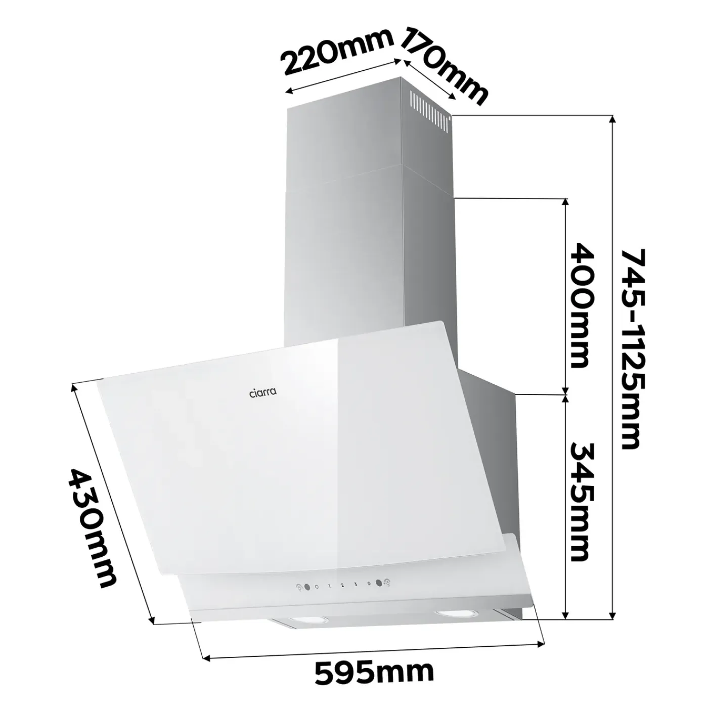 CIARRA Schuine Afzuigkap 60cm - A+++ 710 m³/u - Touch- & Gebaarbediening Glas Wit CBCW6736A
