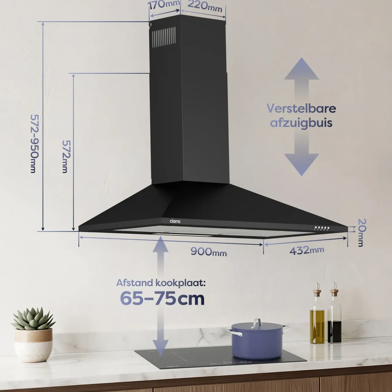 CIARRA Wandafzuigkap Afzuigkap 90 cm - A++ 406 m³/h - Recirculatie & Afvoer CBCB9201