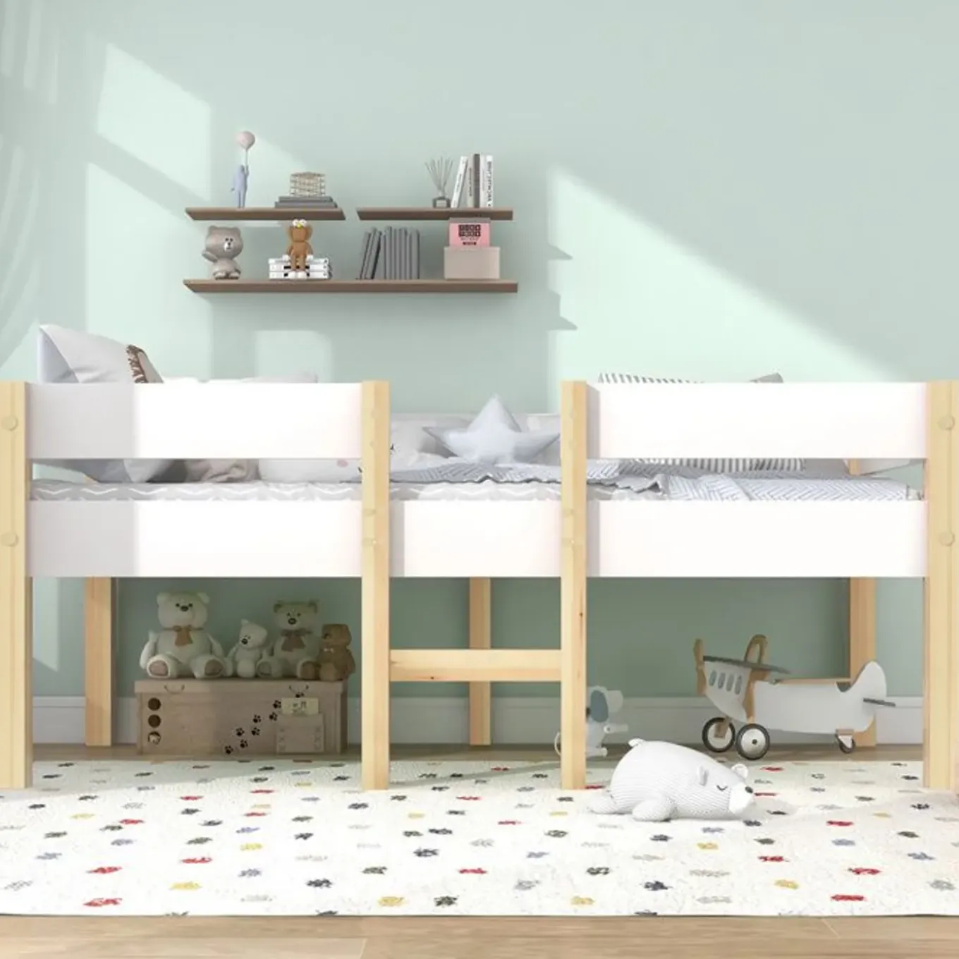 Cipacho - Halfhoog Kinderbed - Wit En Eik - Massief Grenen - 90x190 Cm