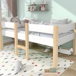 Cipacho - Halfhoog Kinderbed - Wit En Eik - Massief Grenen - 90x190 Cm