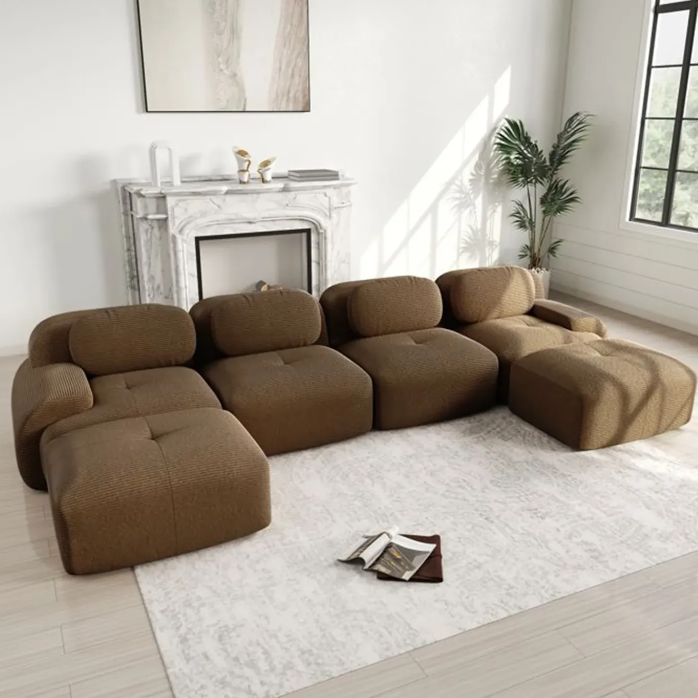 CIPACHO - Modulaire U-vormige Bank - Bruin Ribfluweel - 388x178x75 Cm