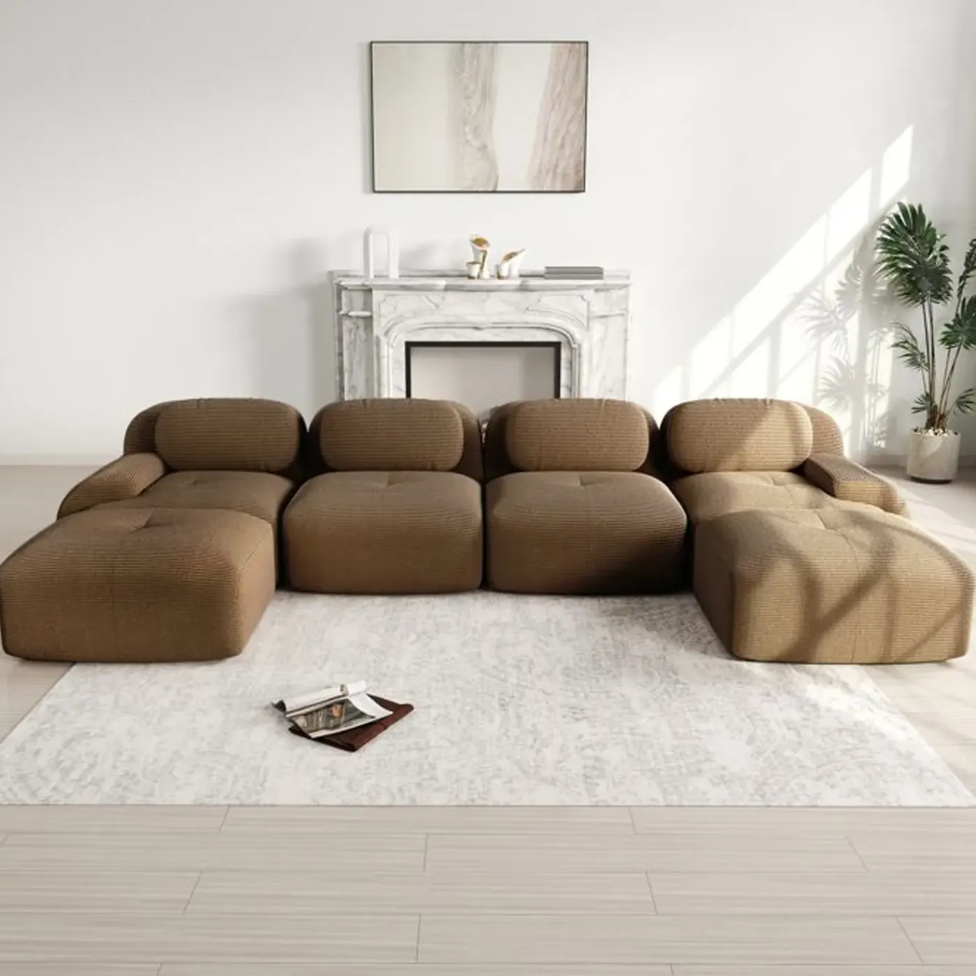CIPACHO - Modulaire U-vormige Bank - Bruin Ribfluweel - 388x178x75 Cm
