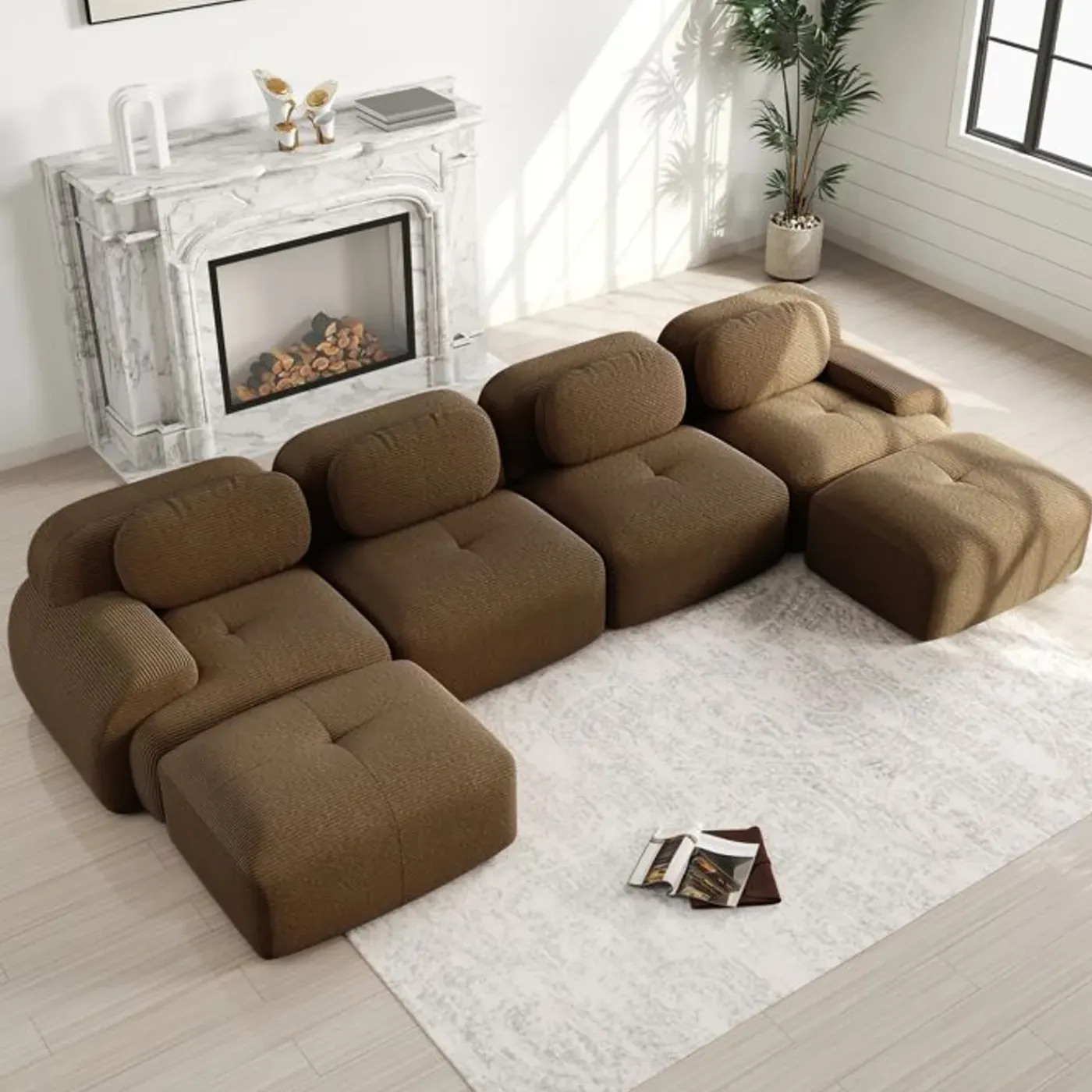 CIPACHO - Modulaire U-vormige Bank - Bruin Ribfluweel - 388x178x75 Cm