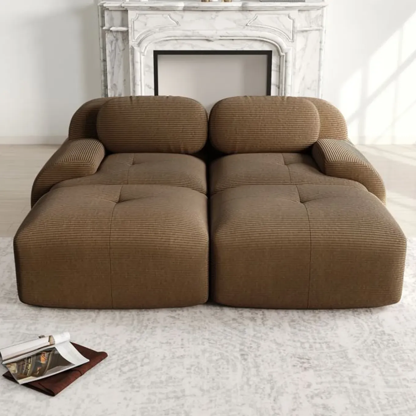 Cipacho - Modulair Hoekbank 2-zits In Ribfluweel - Bruin - 208x178x75 Cm