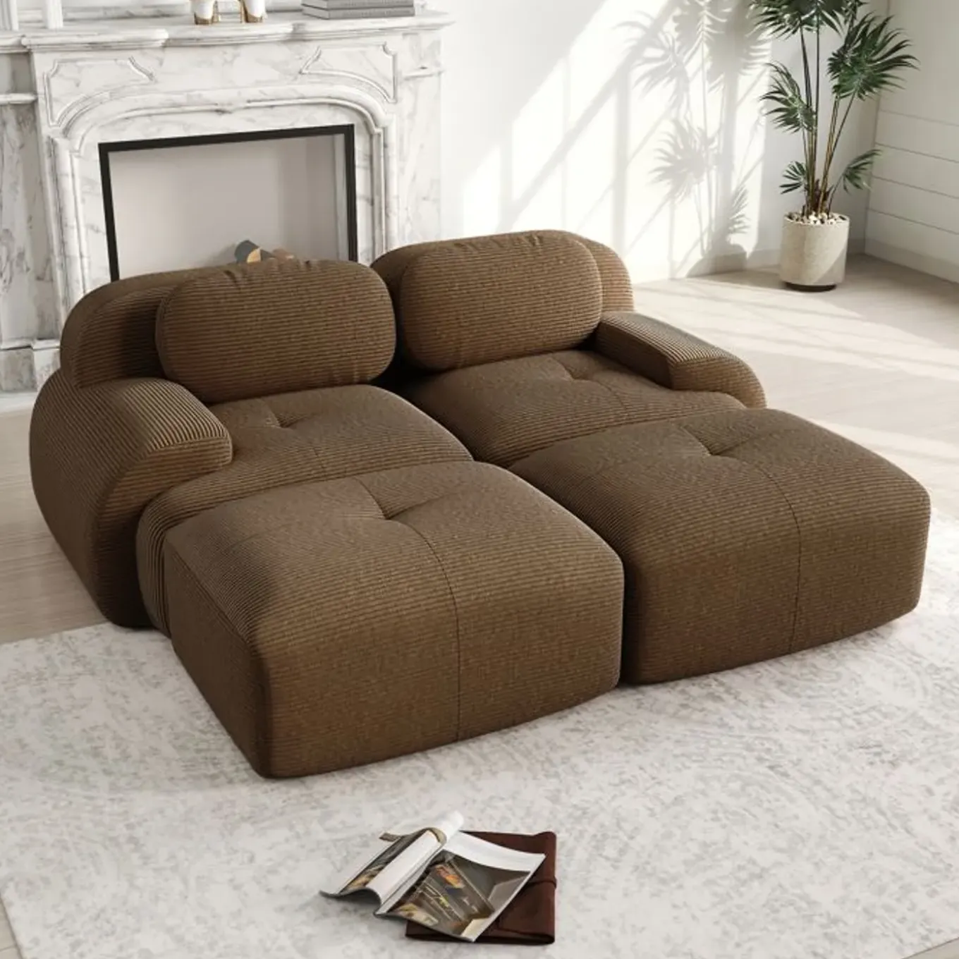 Cipacho - Modulair Hoekbank 2-zits In Ribfluweel - Bruin - 208x178x75 Cm