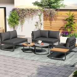 CIPACHO - 5-zits Tuinloungeset - Grijs - Verstelbare Poten - 2 Salontafels - Kussens Inbegrepen