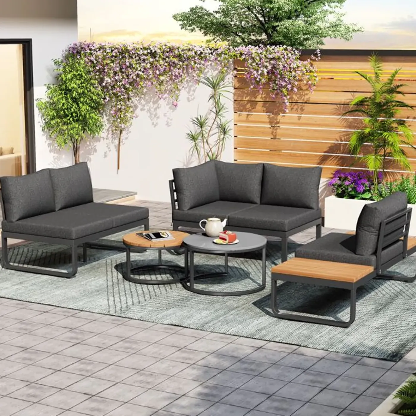 CIPACHO - 5-zits Tuinloungeset - Grijs - Verstelbare Poten - 2 Salontafels - Kussens Inbegrepen
