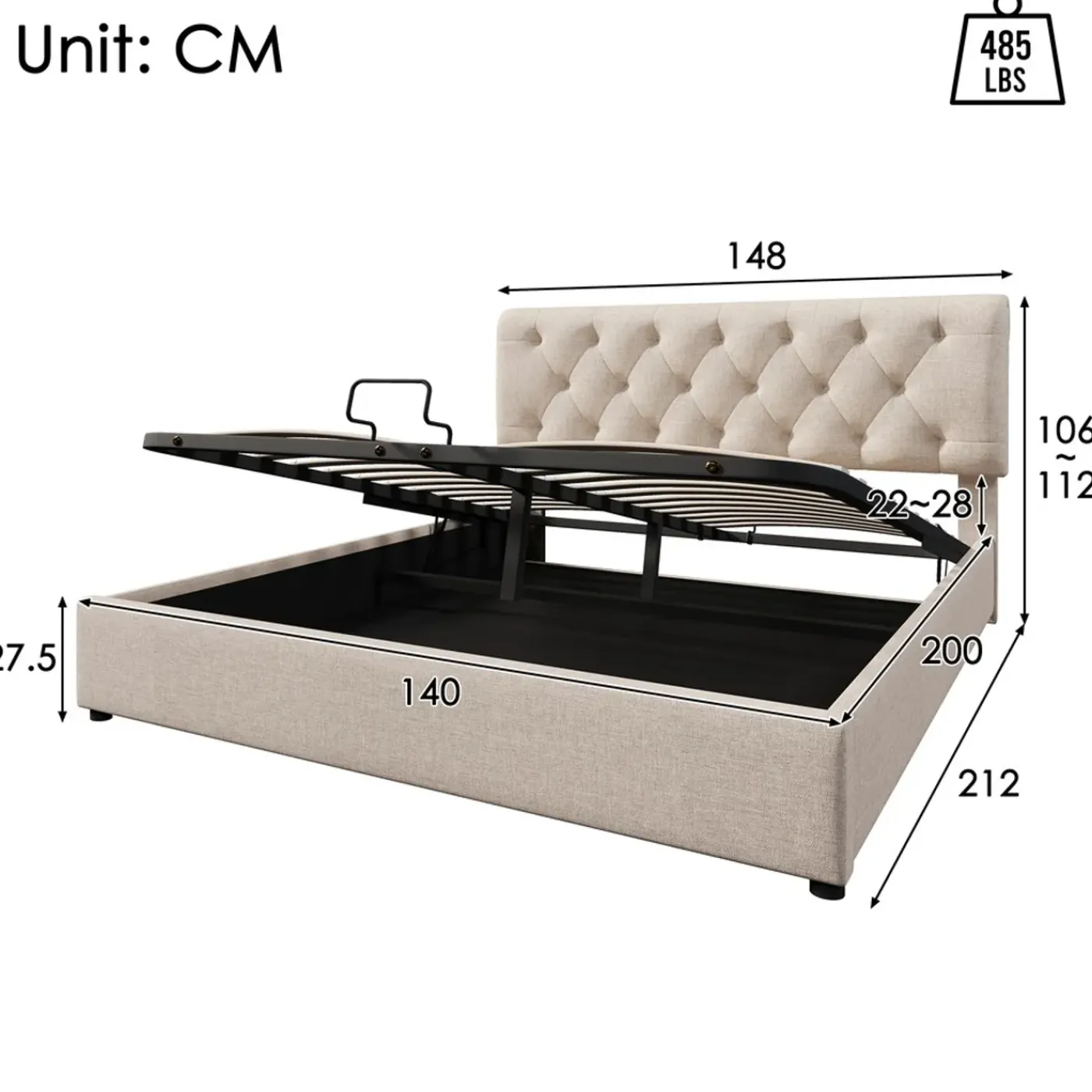 CollaHausse Collahause Gestoffeerd Bed 777898aan-beige-140x200cm-met Matras Lattenbodem Opbergruimte Stevig